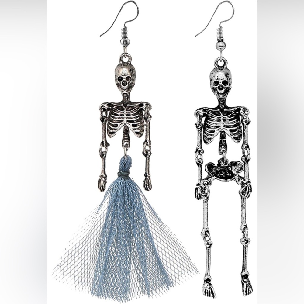 Silver Skeleton Earrings with Blue Tassel